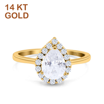 14K Yellow Gold Teardrop Halo Art Deco Pear Ring Simulated Cubic Zirconia Wedding Engagement Ring